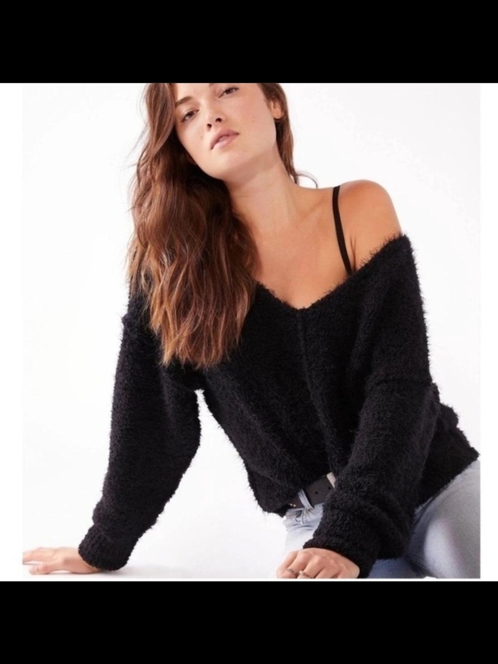 Free People Oversized Off-Shoulder Black Fuzzy Sweater